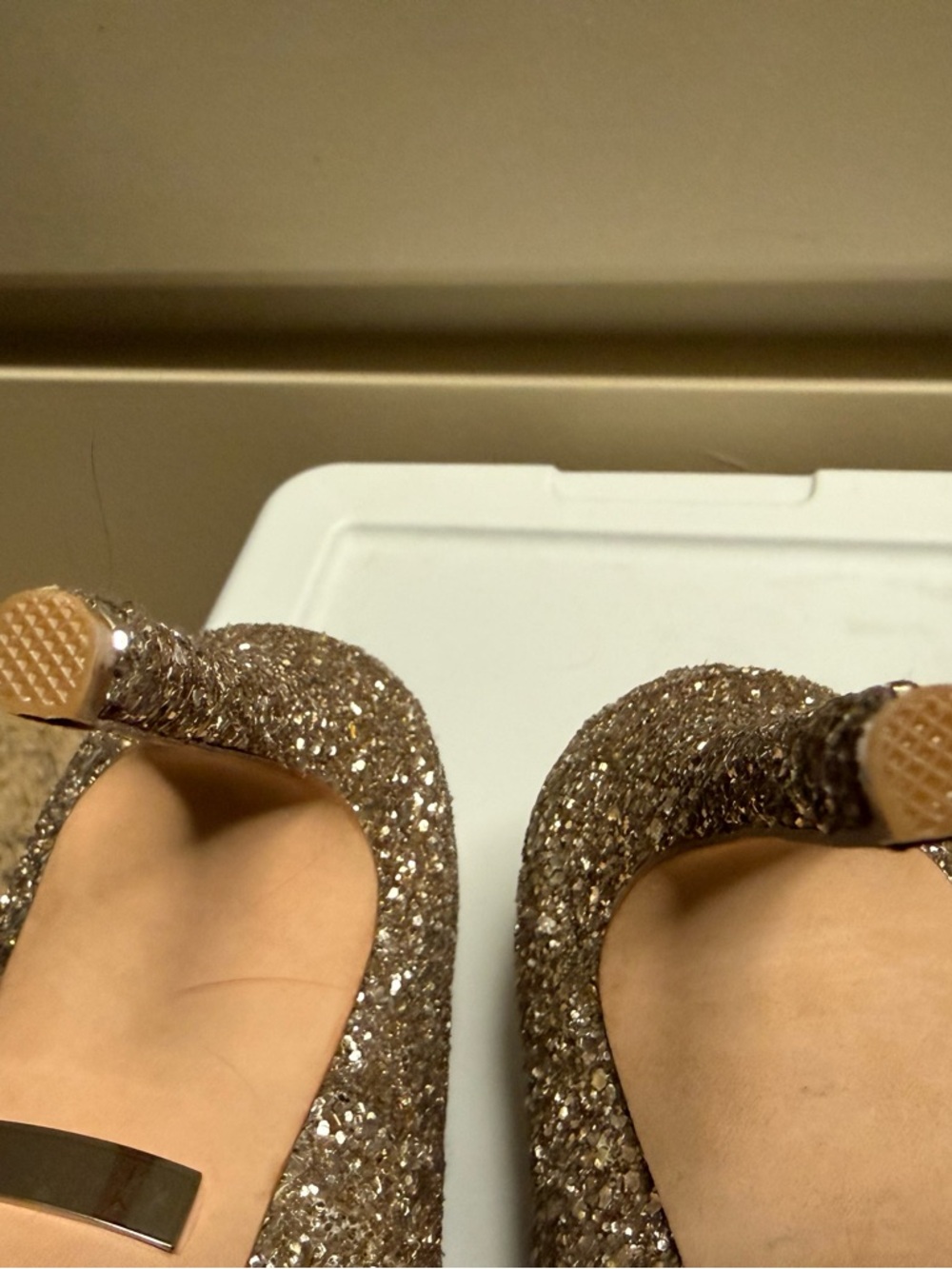 Badgley Mischka Rose Gold Glitter Peep-Toe Pumps with Crystal Accent - Picture 6 of 7